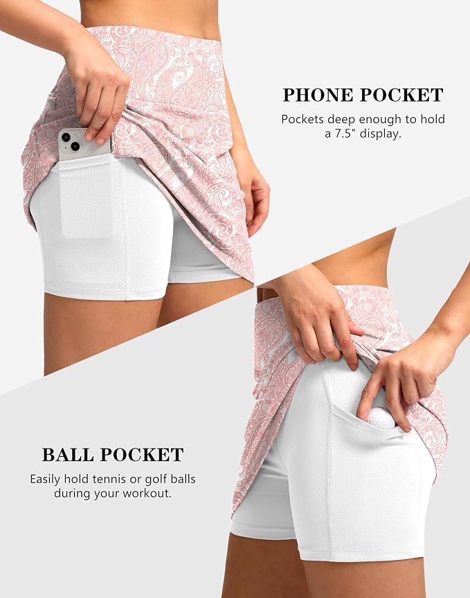 Women's Golf Skirts Skort 4 Side Pockets High Waisted Stretchy Tennis Skirt | Silky Soft, Lightweight, Breathable, Built-in Mesh Shorts, High Waisted, Elastic waistband, Moisture-Wicking, Athletic