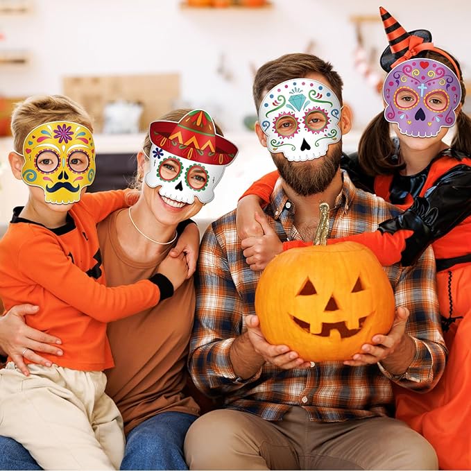 24 Pcs Day of The Dead Crafts for Kids DIY Halloween Mask Crafts Color Your Own Skull Masks Dia de Los Muertos Party Games for Boys Girls Toys Cosplay Dress Up