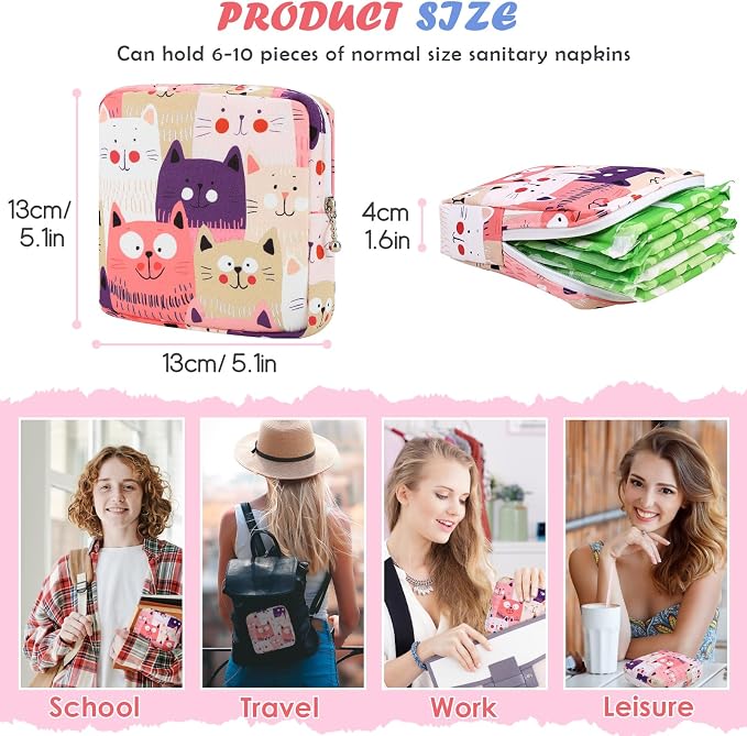 21 PCS First Period Starter Kit for Teen Girls Period Bags for Teen Tweens Girls with Sanitary Pad Storage Bag, Wipes, Menstrual Tracker, Disposal Pouches and More (Pink Cats)