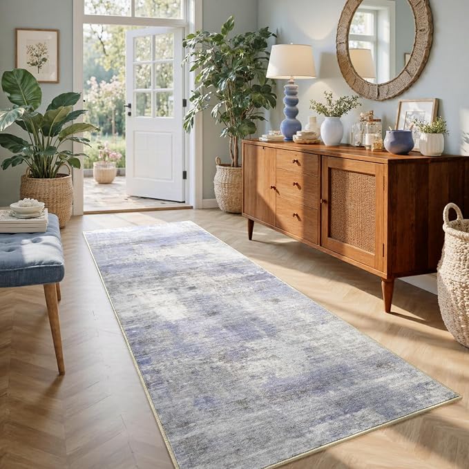 2x6 Ft Washable Runner Rug, Non-Slip Low Pile Hallway Kitchen Area Rug, Soft Long Entryway Floor Mat Abstract Pattern Carpet for Bedside & High-Traffic Areas (Blue/White)