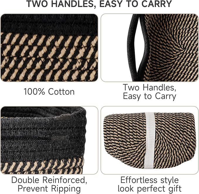 3 Pack Small Storage Baskets for Organizing, 11.8×7.8×5.1", Black Brown | Woven Baskets for shelves, Cotton Rope Basket for Gifts Empty, Closet Organizer Bins with Handles, Cube Decorative Box