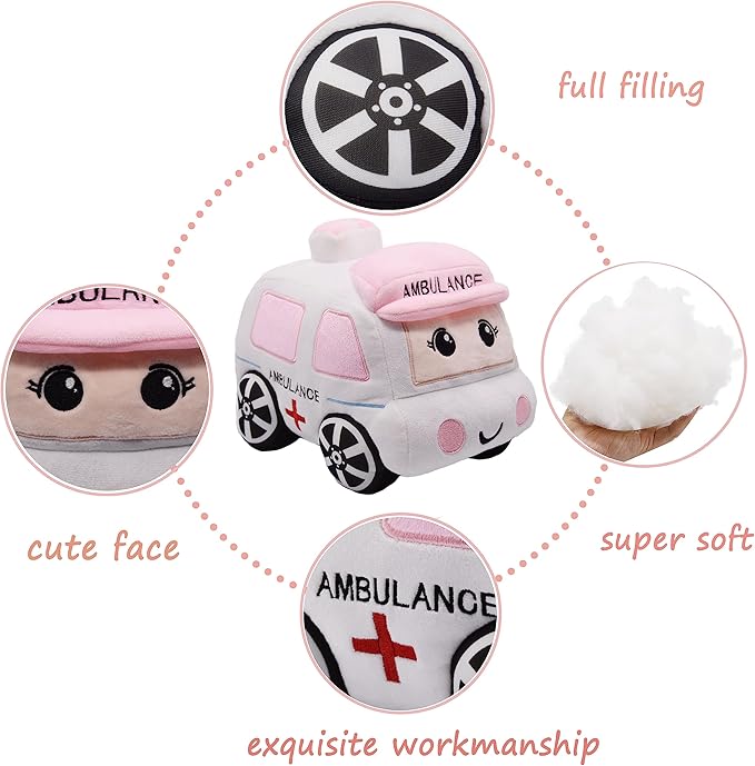 Soft Plush Ambulance Stuffed Car Toy Super Cute White Truck Plushie Excellent Gifts for Kids or Birthday Party 10.6 Inches (Ambulance)