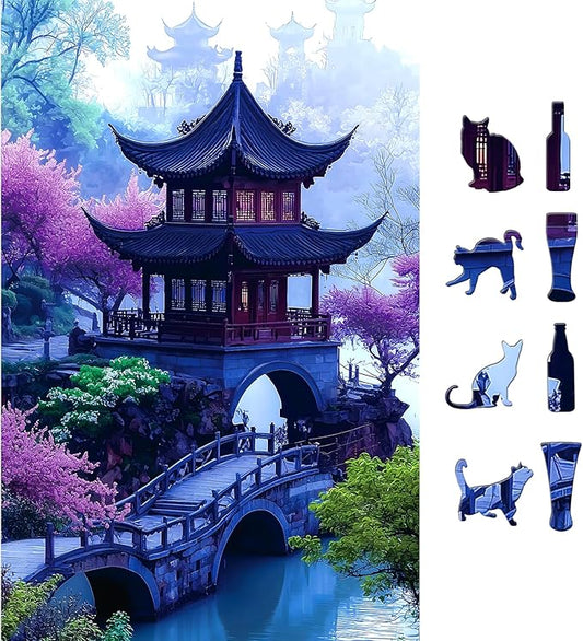 Garden Pavilion 500 Piece Puzzle for Adults Serene Misty Tower Landscape with Cherry Blossoms & Stone Arch Bridge Jigsaw Puzzle Fun Family Puzzles Gift for Adults Seniors（ 15"x23"）