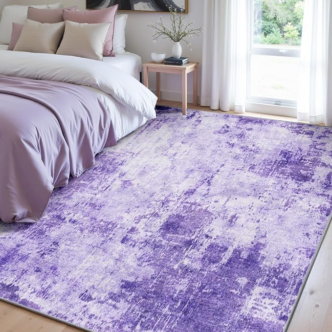 RELEANY Washable 7'x9' Abstract Area Rug for Living Room Purple | carpet for bedroom, kitchen, office, hallway and entryway, printed pattern, non-slip, soft, stain-resistant, easy to clean