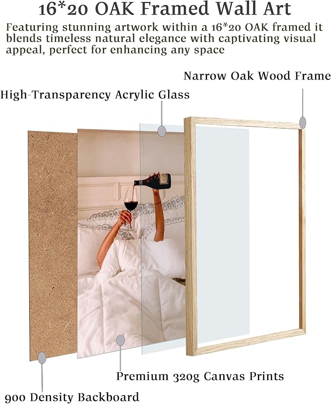 EcoHest 16x20 in Woman Drinking Wine in Bed Framed Wall Art for Bedroom | Solid Oak Wood Frame with Canvas Wall Art, Feminist Wine Wall Decor for Bathroom, Apartment, Dorm, College Room, 1Pack