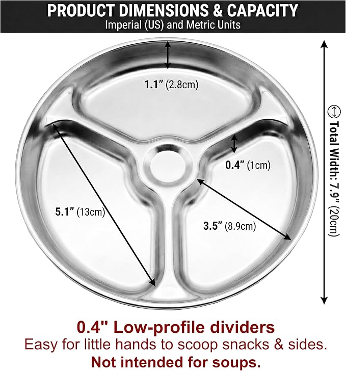 Korean Stainless Steel Non-Toxic Divided Plates for Toddlers & Kids 2-Pack | Premium 304 electro-polished stainless steel with no black residue. BPA-free 8" food tray for babies school & daycare