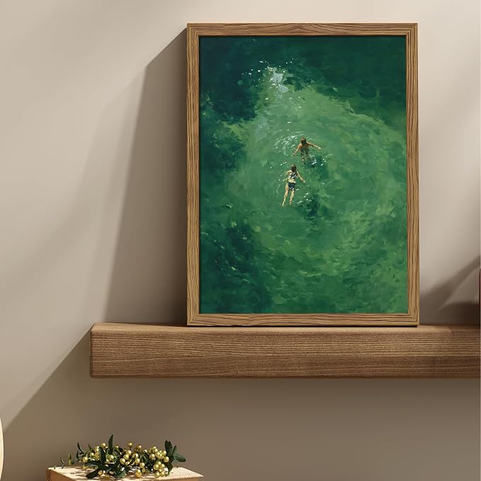 Framed Green Abstract Wall Art, Vintage Summer Swimming Canvas Wall Decor Painting, Minimalist Dark Green Water Landscape Poster Print Picture for Bathroom Bedroom Living Room 16x24 Inch