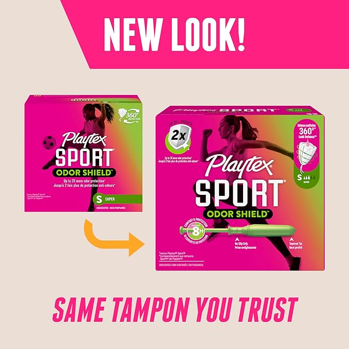 Playtex Sport Odor Shield Tampons Super Absorbency, Unscented - 32ct | Super Tampons for Women, Feminine Care, Playtex Tampon with 360 Leak Defense and Odor Control
