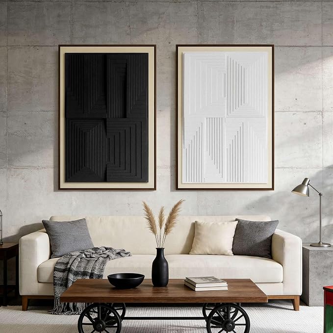 Thalasse Modern Abstract Wall Art Large Framed 3D Black White 24x36 In | Textured geometric sandstone architecture pictures, living room office hallway decor, 2 piece set