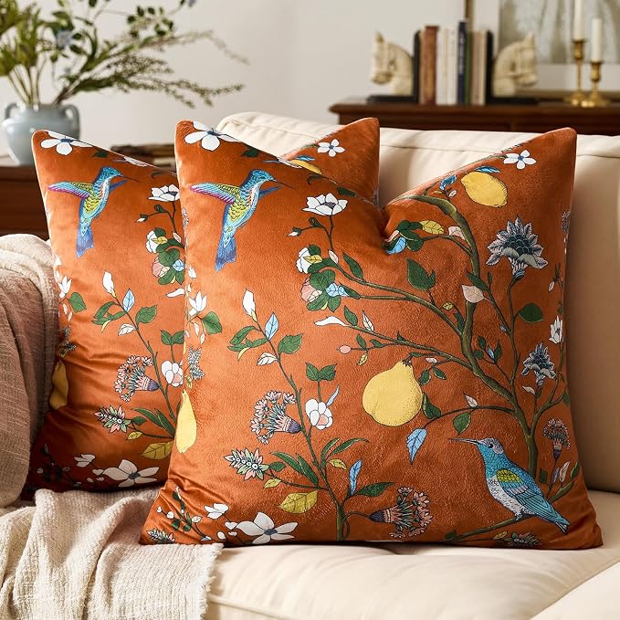 MUSSEL Burnt Orange Velvet Floral Decorative 20x20 Pillow Covers Set of 2 | Durable Sturdy,Botanical Printed Pattern,Throw Pillows Case,Square,Colorful Boho Cute Cushion Covers,Sofa Couch Decor