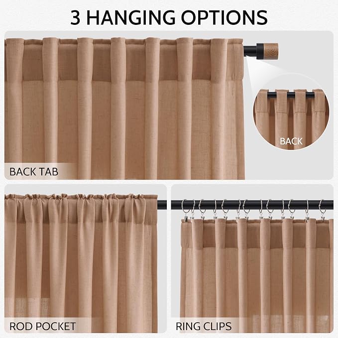 Nanspring Peach Linen Curtains 96 Inches Long Set for Baby Girl Bedroom Back Tab Rod Pocket Semi Sheer Light Filtering Drape for Bedroom Home Decor Protect Privacy 52x96,2 Panels