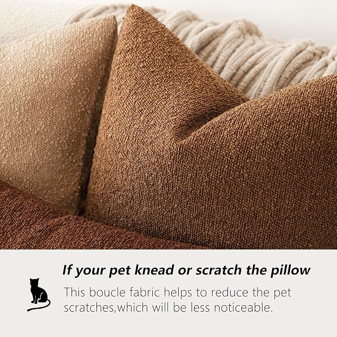 Foindtower Set of 2, Decorative Textured Boucle Throw Pillow Covers Accent Solid Pillow Cases Neutral Soft Cozy Couch Cushion Case for Chair Sofa Bedroom Living Room Home Decor 24x24 Inch Hazel Brown