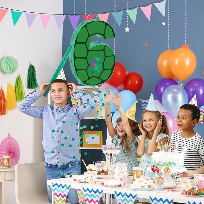 16 Inch Turtle Number 6 Pinata, Turtle Birthday Decorations, Turtle Theme Pinata with 16 Inch Stick Blindfold Confetti for Boy Girl Kids 6th Birthday Party Supplies(6th)