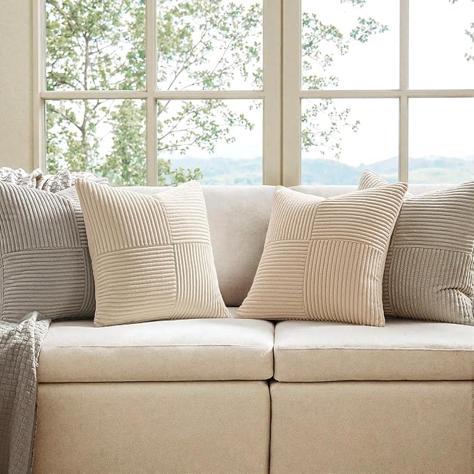 MIULEE Neutral Decorative Throw Pillow Covers 18x18 Inch Set of 4 for Livingroom Couch Sofa Modern Farmhouse Soft Corduroy Cushion Cases Striped Patchwork Home Decor (Cream,Grey)