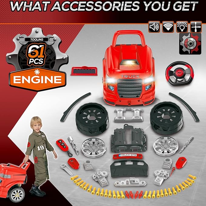 Qaba Truck Engine Toy, Kids Mechanic Set with Lights, Sounds, Steering Wheel and Horn, Pretend Car Service Station Play with 61-Piece Included, Toy Engine Building Kit for Kids Aged 3+, Red
