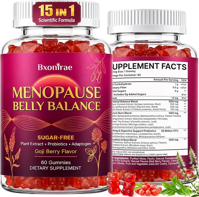 Menopause Supplements for Women Gummies - Black Cohosh & Soy Isoflavones for Menopause Hot Flashes, Belly Burner*, Hormone Harmony & Mood Balance| Sugar-Free,60 Gummies