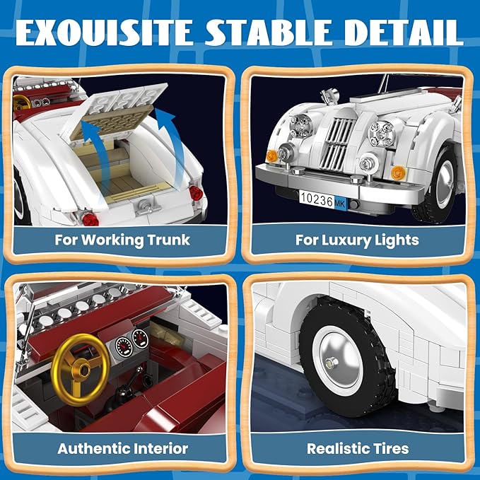 Mould King 10236 Vintage Roadster Building Set, Collectible Adult Convertible Sports Car Model, 1302 Pieces Desk Decor Display Vehicle Kit for Men and Hobbyists Ages 14+ ﻿