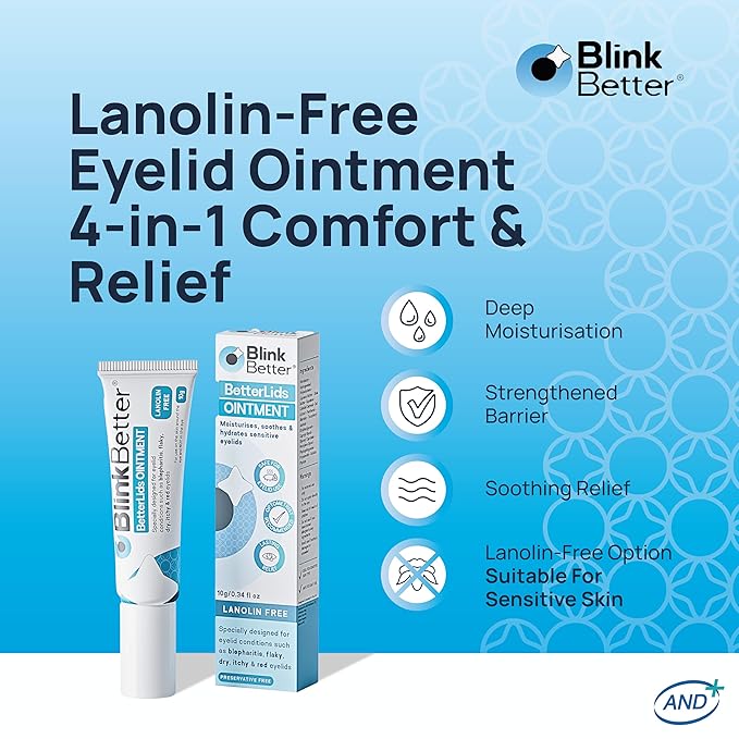 BlinkBetter Lanolin Free Eyelid Ointment 10g – For Sensitive & Dry Eyelids - Hydrates, Nourishes & Soothes – Moisturising Care for Dry, Itchy, Red, Sensitive, Flaky Skin Around the Eyes