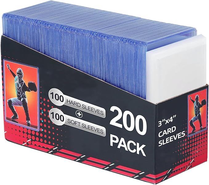 200 Card Sleeves, Clear Hard Sleeves for Cards, 3"X4" Card Protectors, Baseball Card Sleeves, Hard Plastic Card Holder for Trading Sports Football Game Cards (100 Hard Sleeves+100 Penny Sleeves)
