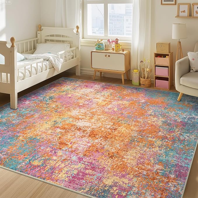 RELEANY Washable Area Rugs 6'x9' Non-Slip Modern Abstract Soft for Living Room Entryway Bedroom Kitchen, Print Pattern, Orange Blue Pink Yellow Colorful