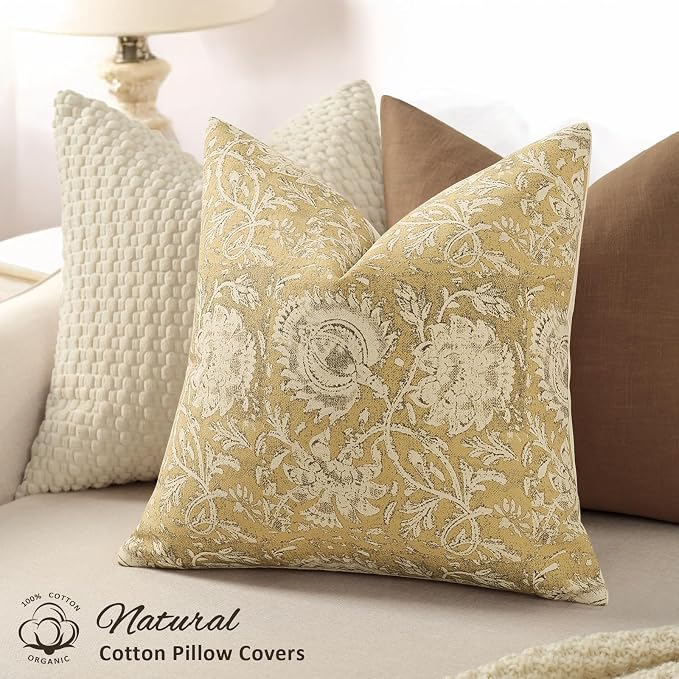 Vintage Floral Print Throw Pillow Covers 18x18 Set of 2 Neutral Modern Farmhouse Pillowcases Accent Decorative Cushion Covers Boho Home Decor for Couch Sofa Chair Bed Living Room, Yellow