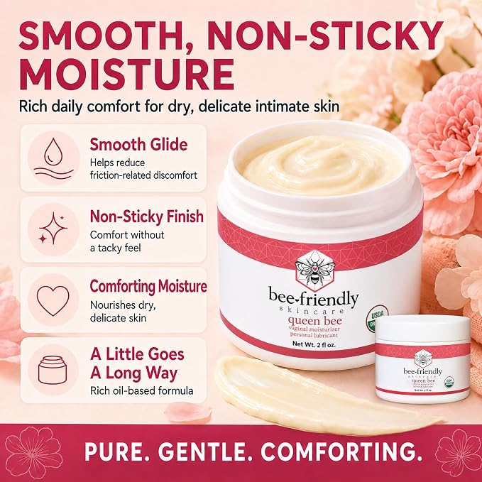 BeeFriendly® Organic Vaginal Moisturizer, USDA Certified, 2 oz | Natural Vulva Cream, For Dryness, Itching, Irritation, Redness, Chafing, Due to Menopause + Thinning