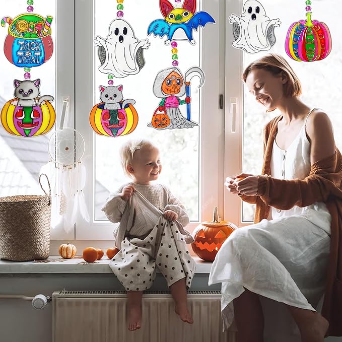 Ayhuhra 30 Sets Halloween Suncatcher Keychains Craft DIY Window Paint Art Suncatchers Witch Pumpkin Bat Cat Ghost Trick or Treat Sun Catchers for Halloween Activities Art Project