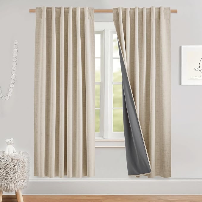 NICETOWN Beige Bedroom Full Blackout Linen Curtains, Thick Insulated Classic Rod Pocket Back Tab Blackout Draperies with White Thermal Insulated Liner for Nursery, Study (Set of 2, 52 by 72-inch)