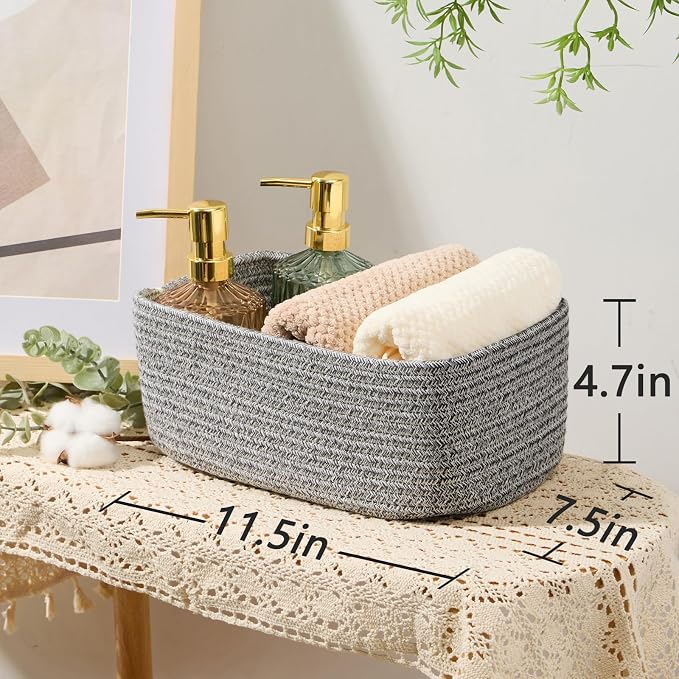 MiniArk Small Storage Baskets for Organizing | Closet Organizer Bins | Shelf Toy Basket | Woven Rope Baskets | Cube Decorative Box | Shallow Basket | 11.5x7.5x4.7” | 3 Packs Mixed Grey