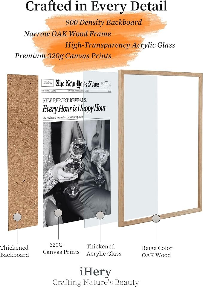 iHery 16x20in Every Hour Is Happy Hour Framed Newspaper Wall Art | Natural OAK Wood Frame with Canvas Print, Retro Editorial Decor for Bedroom, Girl Dorm, Living Room and Gallery Wall, 1Pack
