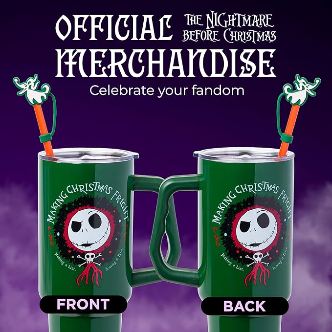 Silver Buffalo Disney Nightmare Before Christmas Making Xmas Fright Jack Skellington & Zero Double Walled Stainless Steel Tumbler w Handle, Straw, and Straw Cap, Fits in Standard Cup Holder, 40 Ounces