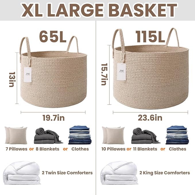 JMvicyroam 115L Extra Large Machine Washable Cotton Rope Blanket Basket | Collapsible Laundry Hamper, Reinforced Handles, For Blankets, Pillows, Toys and Clothes, Living Room and Bedroom, Oatmeal