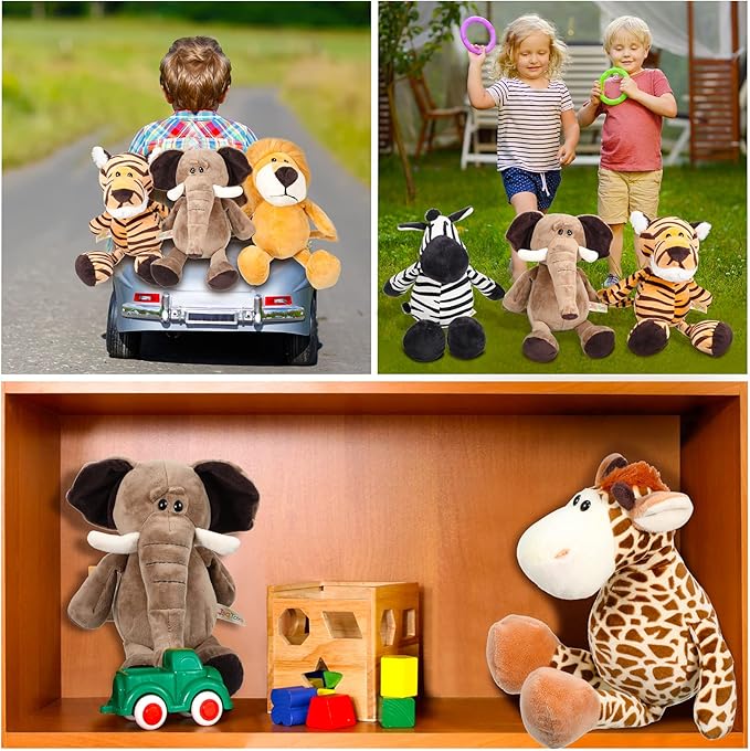 6 Pieces Safari Stuffed Animals Plush Jungle Animal Toys Set for Boys Girls, Lion Elephant Zebra Giraffe Tiger Monkey for Animal Themed Parties Student Award Christmas (Cute Style)