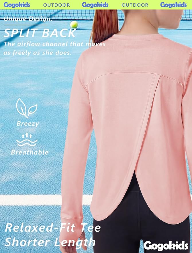 Gogokids Girls Shirts Long Sleeve Athletic Shirts Open Back Tops Active Sports Tshirts Yoga Workout Crop Tees 5-14 Years