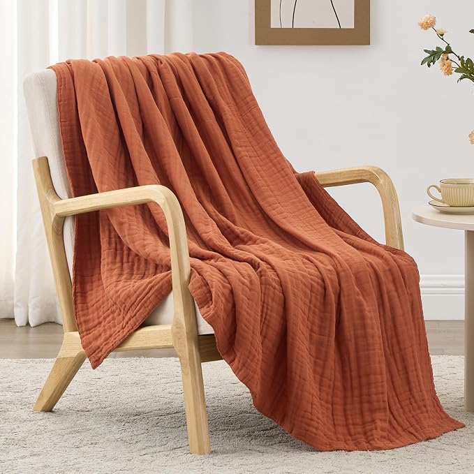 Love's cabin 100% Cotton Muslin Blanket, 6 Layer Lightweight Breathable Gauze Twin Size Blanket 60 x 80 Inches, Soft Summer Blanket for Bed or Couch, Orange