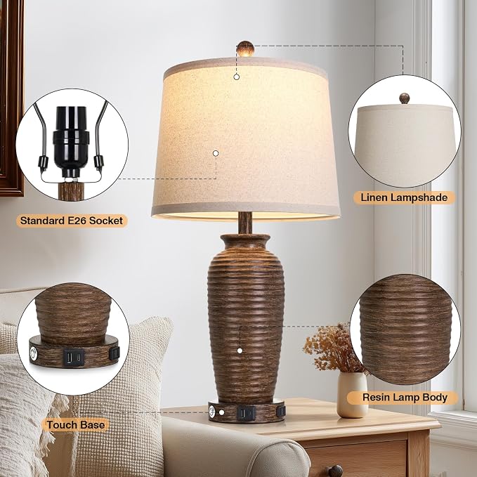 CINSARY 25" Retro Walnut Brown Farmhouse Jar Table Lamps Set of 2, 3 Way Touch Control Rustic Bedside Lamps with USB A+C Ports & AC Outlet, Pot Nightstand Lamps for Bedroom Living Room