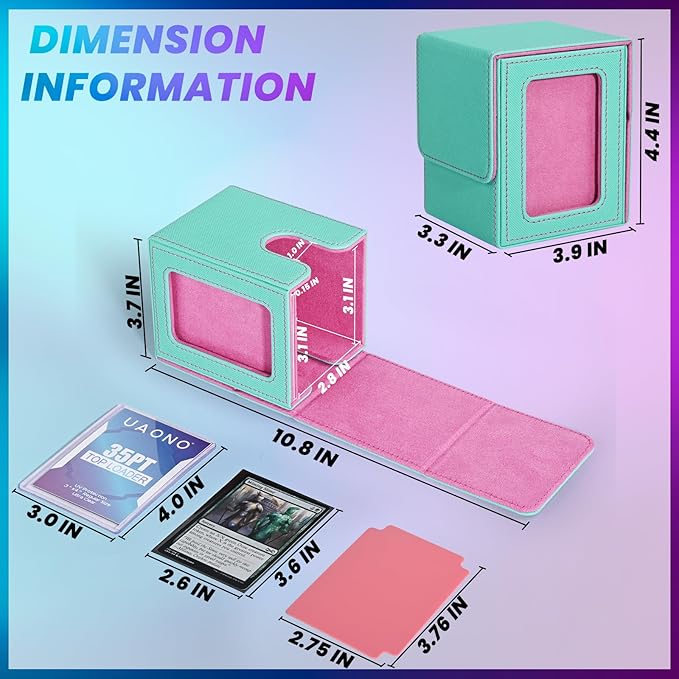 UAONO Card Deck Box with MTG Commander Display, Deck Case Holds 100+ Double-Sleeved Cards, Trading Card Storage Box Fits TCG/PTCG/Sports Card with 2 Dividers, 1 Top Loaders (Turquoise, Pink)