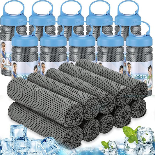 Honoson 10 Pcs Cooling Towels for Neck and Face, 47"x12" Sports Breathable Ice Towels Microfiber Chilly Sweat Rags with Portable Bottle for Gym Golf Athletes Yoga Workout Hot Weather (Dark Gray)
