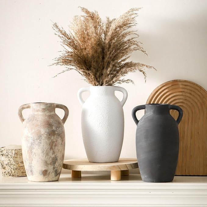Ceramic Farmhouse Vase with 2 Handles, Boho Decorative Flower Vase for Home Decor, Living Room, Entryway, Table, Shelf Decor, 9.6 Inch