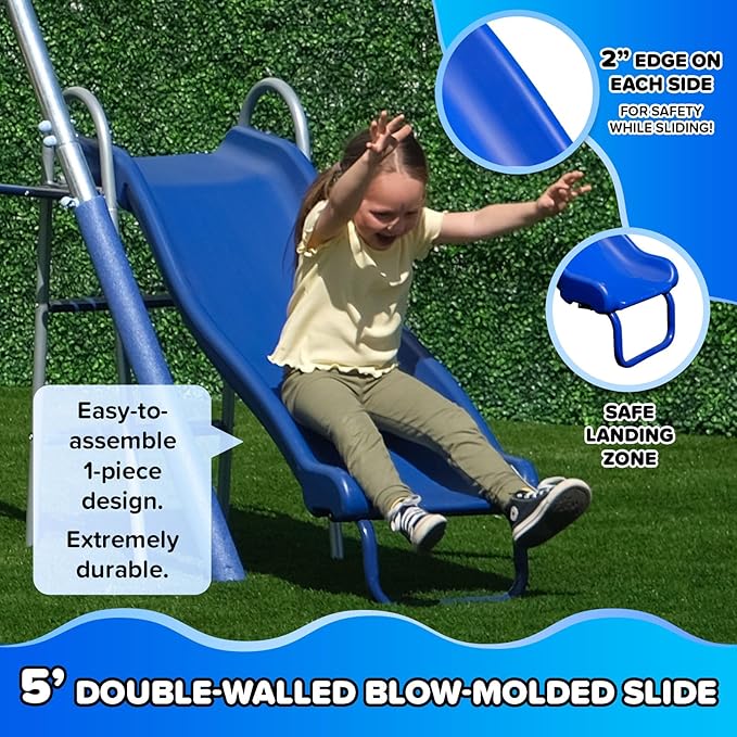 Sportspower 800lbs ‘Swing & Play’ Metal Swing Set for Backyard & Outdoors, 2 Swings & Standing Swing, 2-Person Glider, 2-Person Saucer, 5ft Slide, Bonus Anchors, 6-YR WRTY, 6.1' Tall