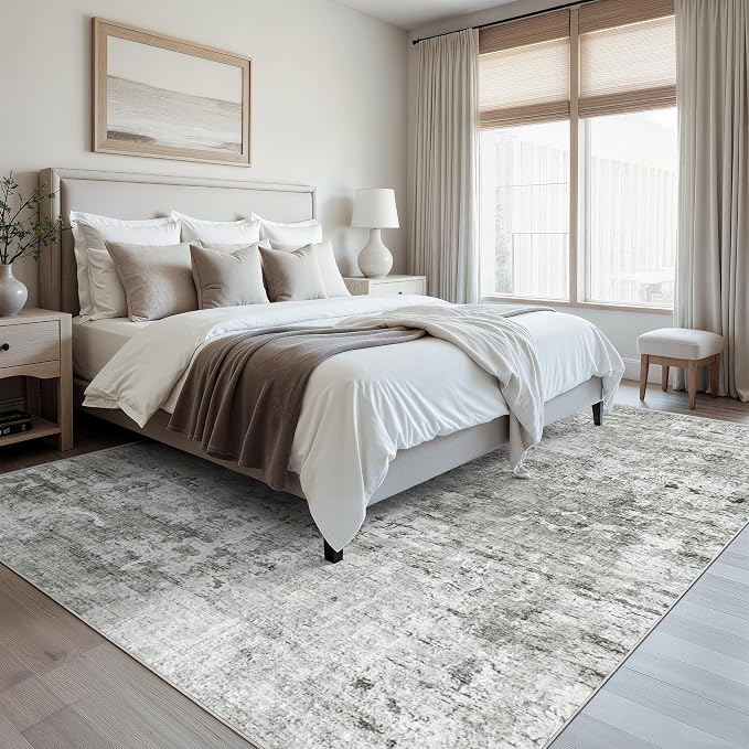 Soalmost Abstract Rug 8x10 Large Living Room Area Rugs Washable Gray/White | Modern Non-Slip Carpet for Dining Bedroom, Stain Resistant Foldable Thin Low Pile Floor Mat Under Table Home Office Decor