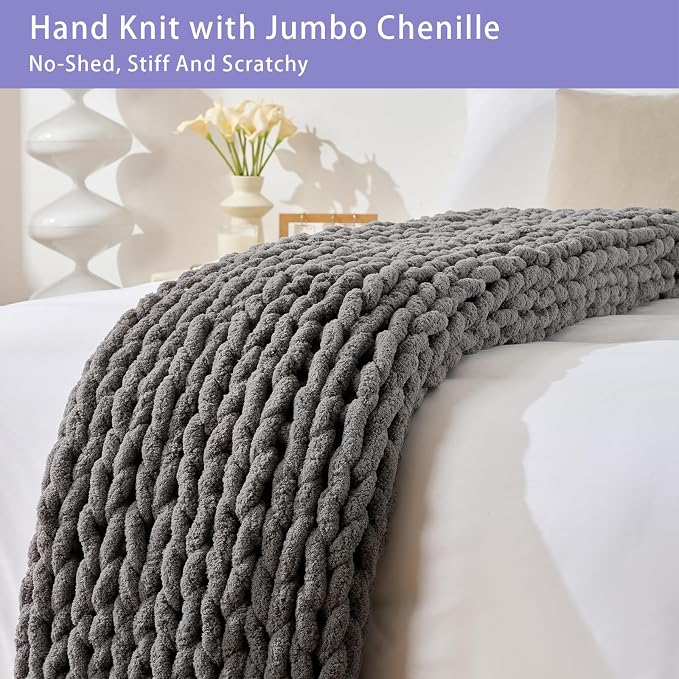 Bigacogo Chunky Knit Throw Blanket for Couch, 40x60 inches, Slate Gray | Hand Knit with Jumbo Chenille, Soft Breathable Cable Knit for Sofa Bed Living Room, Machine Washable, Gift for Mom Friend