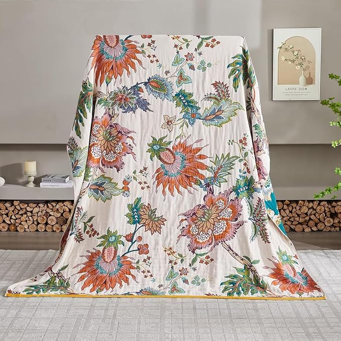 Boho Throw Blanket for Bed 100% Cotton Bohemian Blankets Ultra Soft Woven Muslin Decorative Blankets All Seasons Vintage Quilt Knitted Blanket for Sofa Chair(Beige, 80"x90")