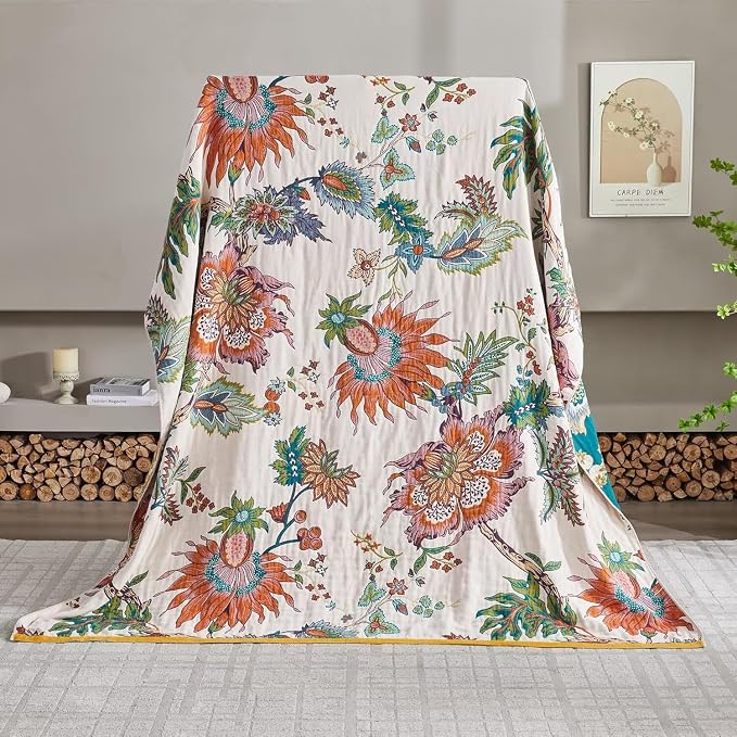 Boho Throw Blanket for Bed 100% Cotton Bohemian Blankets Ultra Soft Woven Muslin Decorative Blankets All Seasons Vintage Quilt Knitted Blanket for Sofa Chair(Beige, 90"x98")