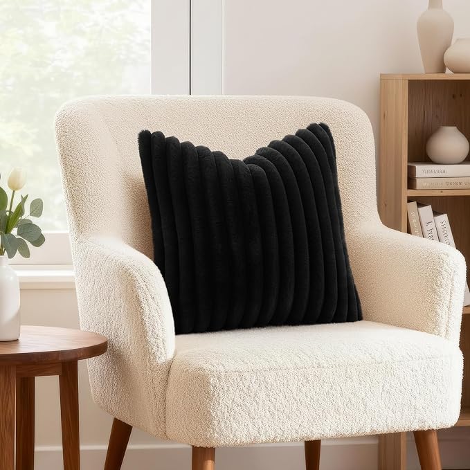 decorUhome Fall Faux Fur Throw Pillow Covers 24x24 Set of 2 Black | Decorative Soft Cozy Striped Plush Modern Farmhouse Boho Couch Pillow Cases Velvet Back for Sofa Bed Living Room Home Decor