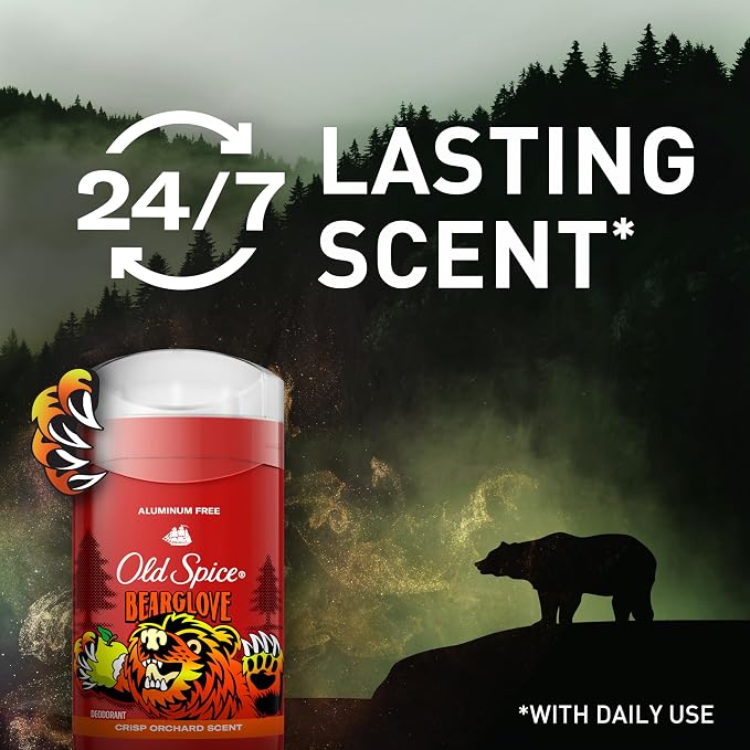 Old Spice Aluminum Free Deodorant for Men, 24/7 Odor Protection, 24/7 Freshness & Lasting Scent, Goes on Clear, Bearglove with Crisp Orchard Scent, 3.0 oz
