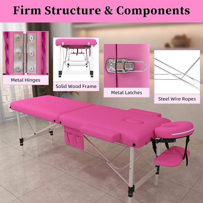 civama Massage Table Massage Bed Portable, 26 LBs Light Weight Foldable Tattoo Facial Care Spa Lash Bed Aluminum Frame with Accessories Carrying Bag, Pink