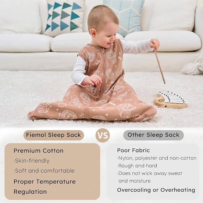 Baby Sleep Sack 0-6 months, 100% Cotton Sleeping Sack for Newborn and Infant, 3 Pack Baby Wearable Blanket, 0.5 Tog Lightweight Double Zipper Sleep Bag Small Brown Green Lion