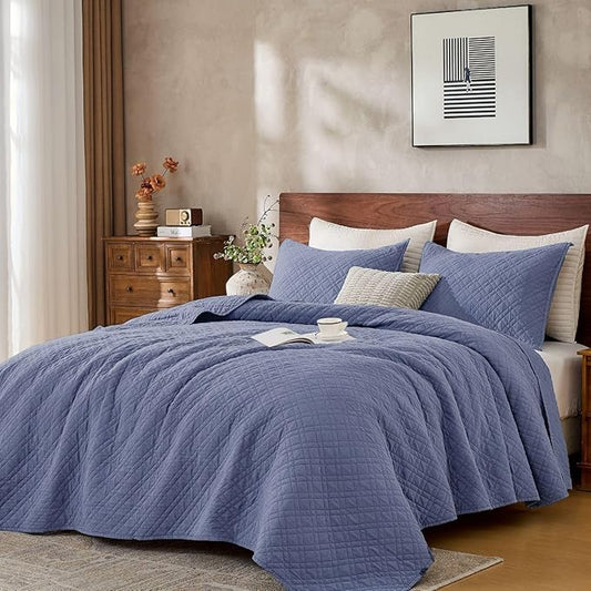 Cali King Quilt Set with Shams Lightweight Quilted Bedspread Coverlet Thin Comforter Bed Cover Vintage Washed Quilted Blanket for All Season, Brushed Microfiber Diamond Stitching, Blue, 111"x92"
