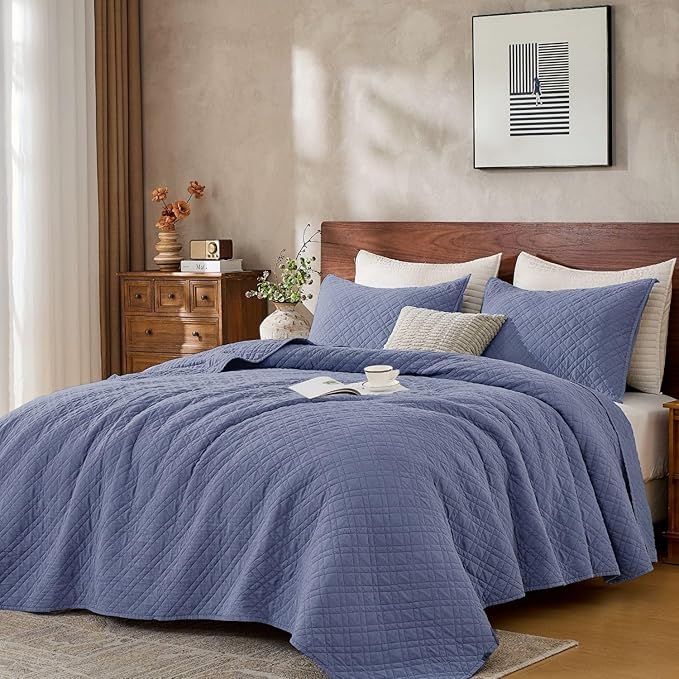 DOWN HOME Twin Quilt Set with Sham Lightweight Quilted Bedspread Coverlet Thin Comforter Bed Cover Vintage Washed Quilted Blanket for All Season, Brushed Microfiber Diamond Stitching, Blue, 66"x92"